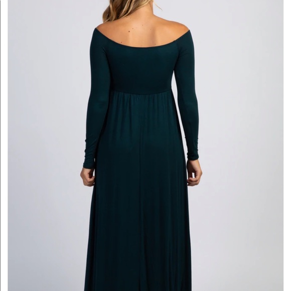 PinkBlush Forest Green Solid Off Shoulder Maternity Maxi Dress (Size Small) - Picture 3 of 7